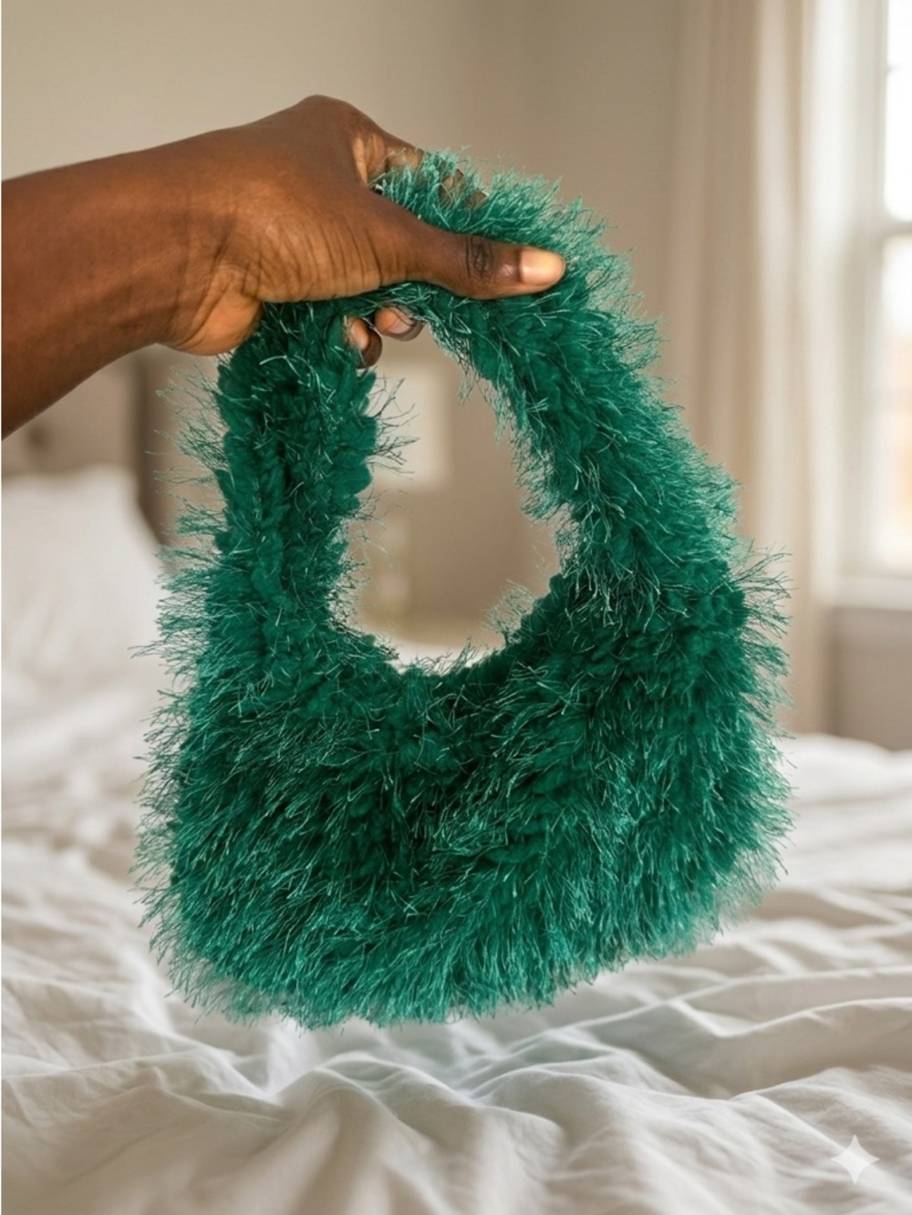 Plush Faux-Fur Green Shoulder Bag